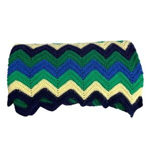 Vintage Chevron Crochet Blanket Throw Afghan Blue Green Yellow Navy Retro 81x44
